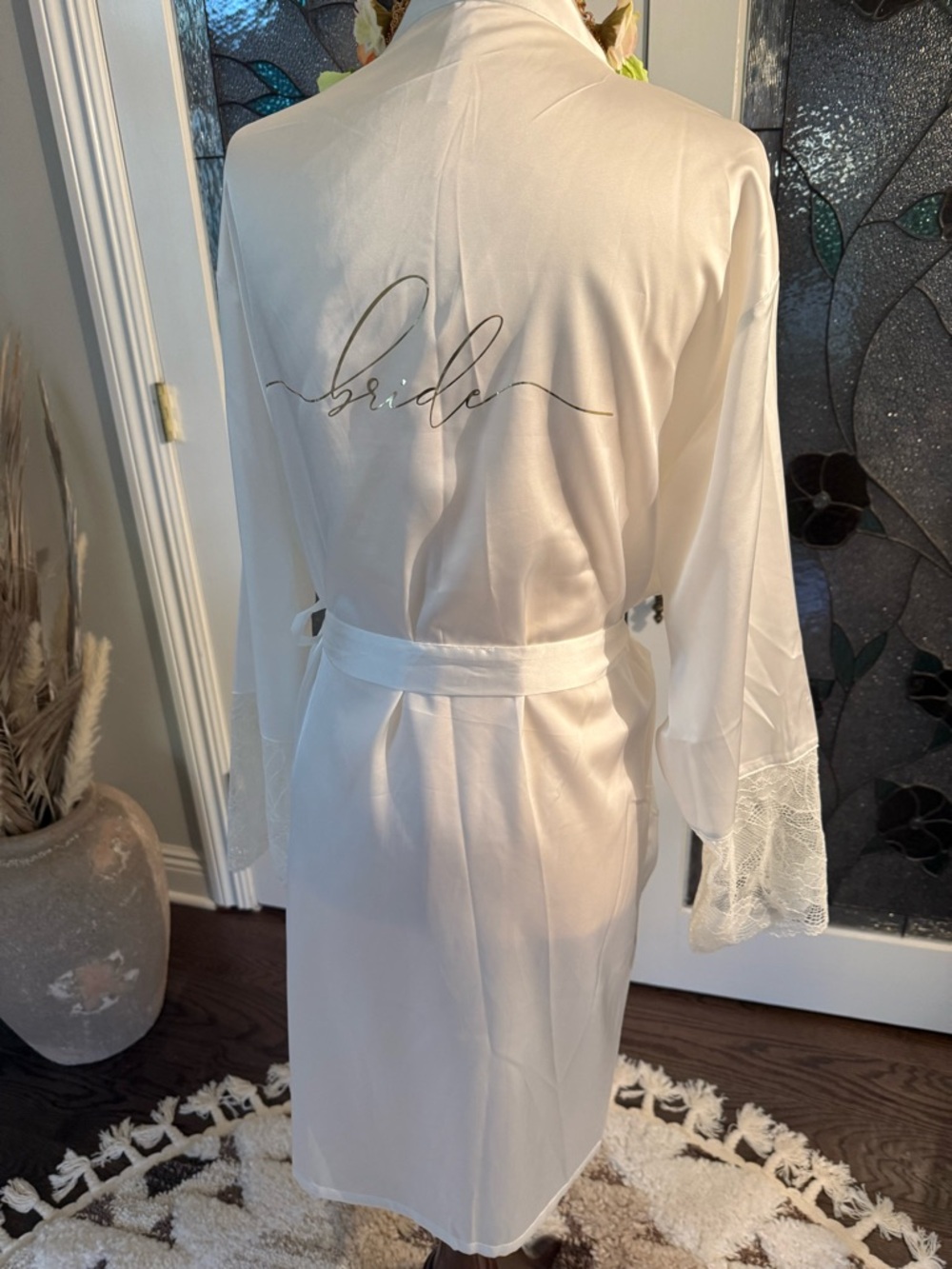 Bride Satin Lace-Trim Robe in White one size